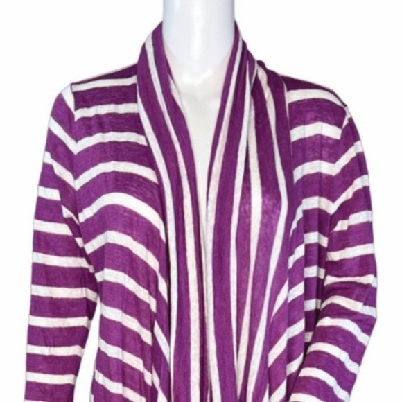 J.‎ Jill Sweater Womens Small Purple White Stripe Cardigan Asymmetric Open Linen - Picture 5 of 8